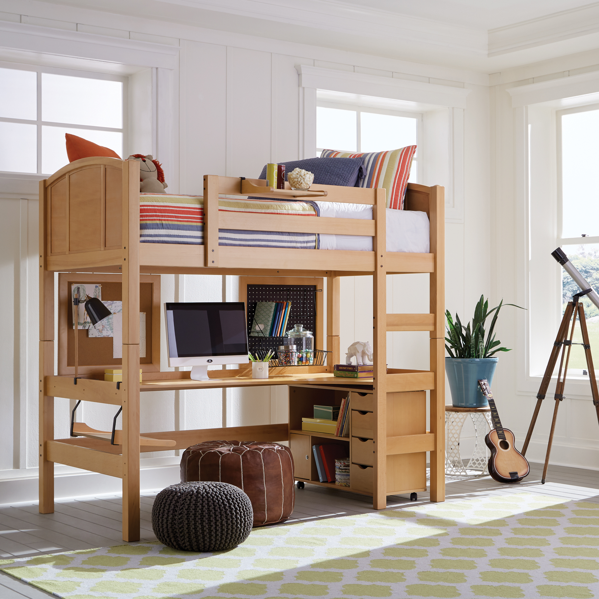 wooden loft bed with desk